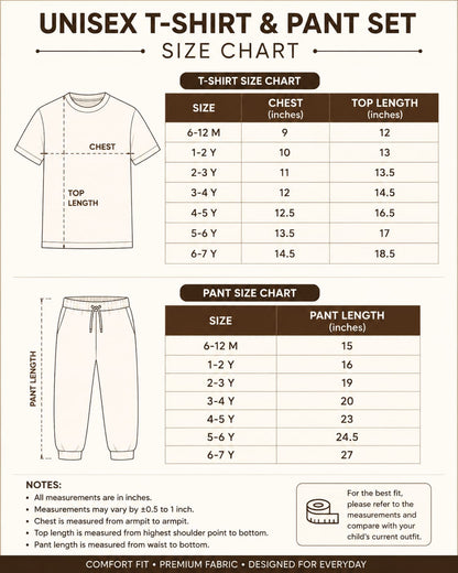Unisex T- Shirt & Pant Sets 6months to 6yrs