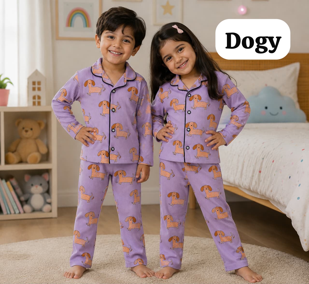 Ribbed Cotton Collar Unisex Night Sets for 18m to 6yrs