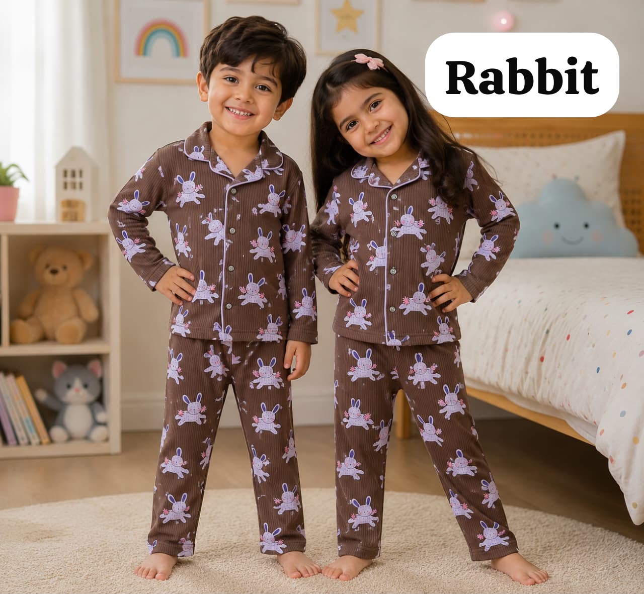 Ribbed Cotton Collar Unisex Night Sets for 18m to 6yrs