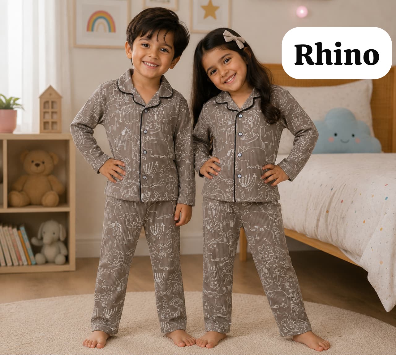 Ribbed Cotton Collar Unisex Night Sets for 18m to 6yrs