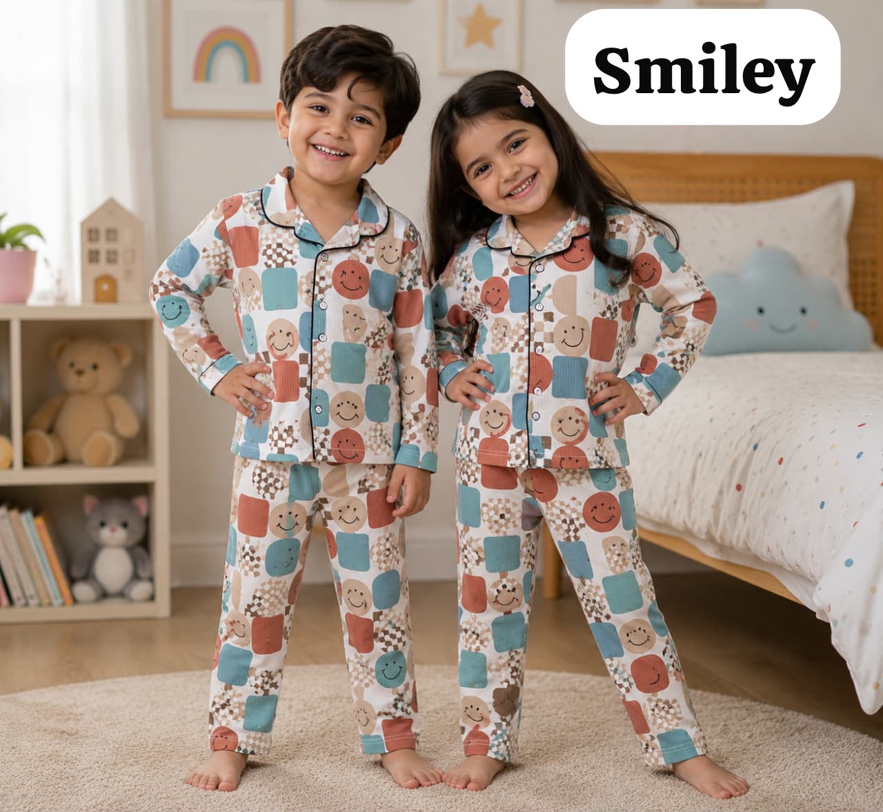 Ribbed Cotton Collar Unisex Night Sets for 18m to 6yrs