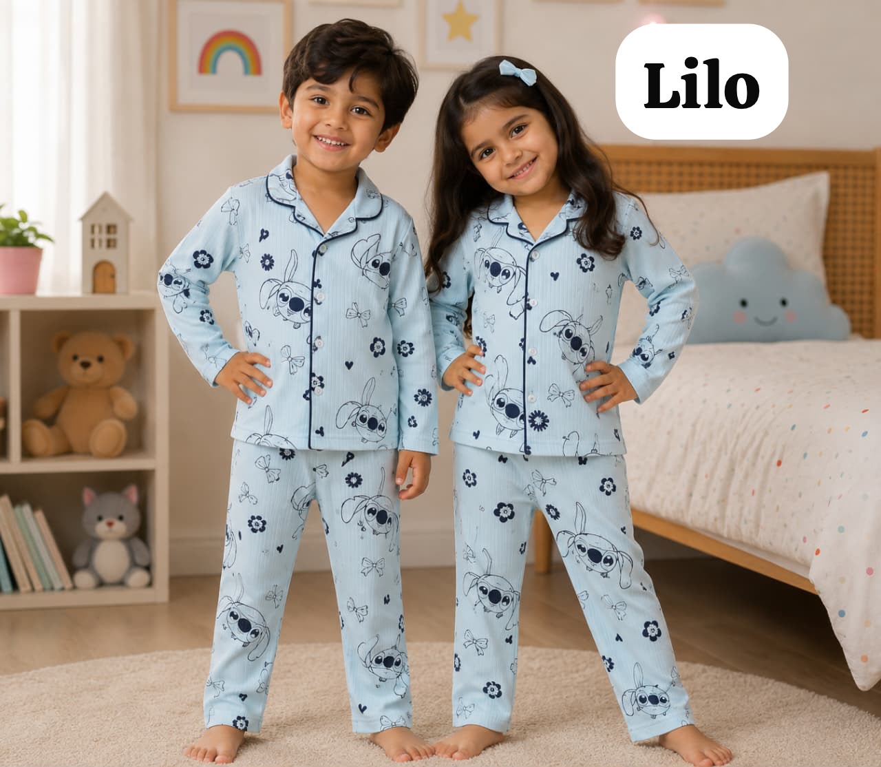 Ribbed Cotton Collar Unisex Night Sets for 18m to 6yrs