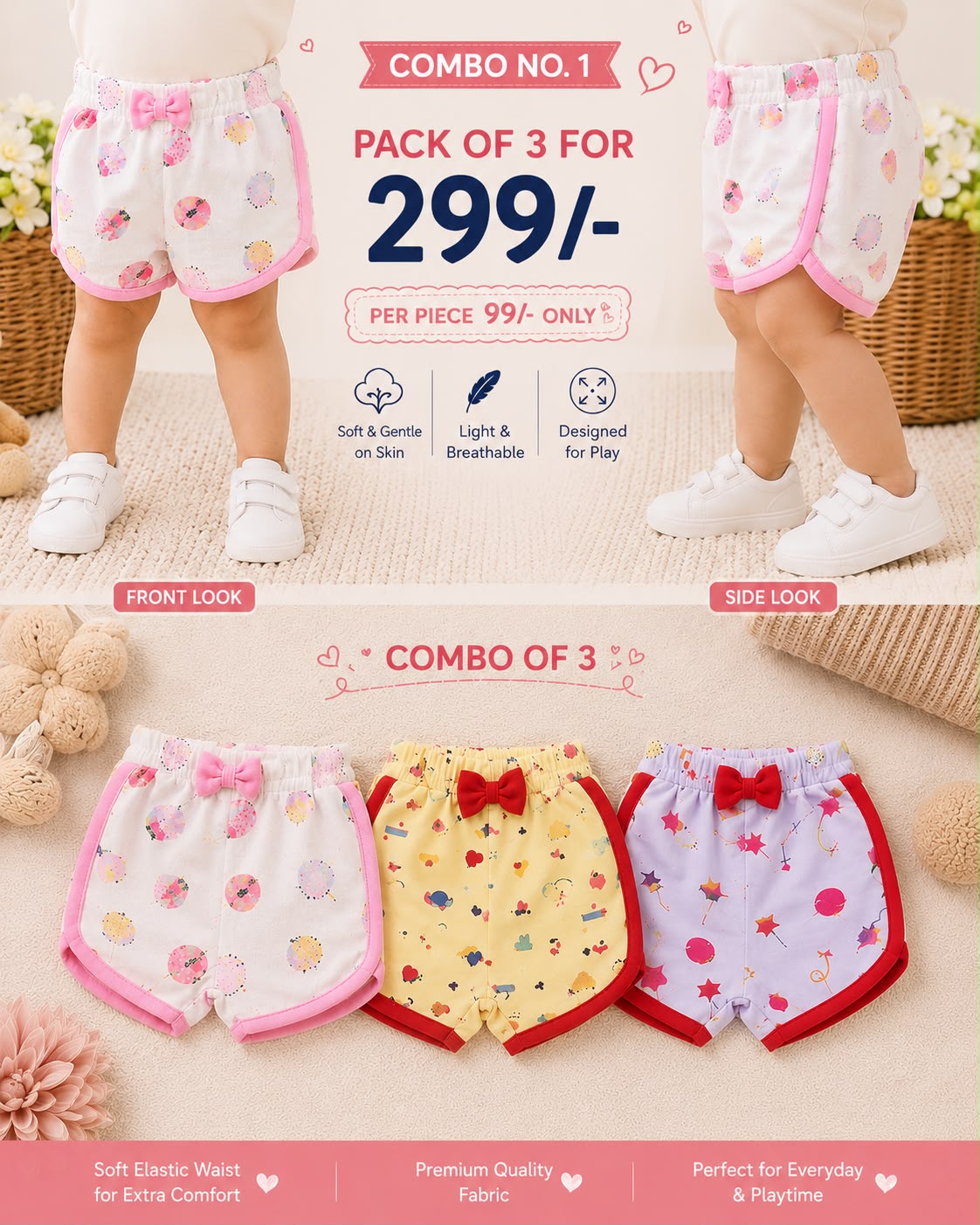 Casual Bow girls Shorts for Babies for 6m to 2yrs | Combo of 3