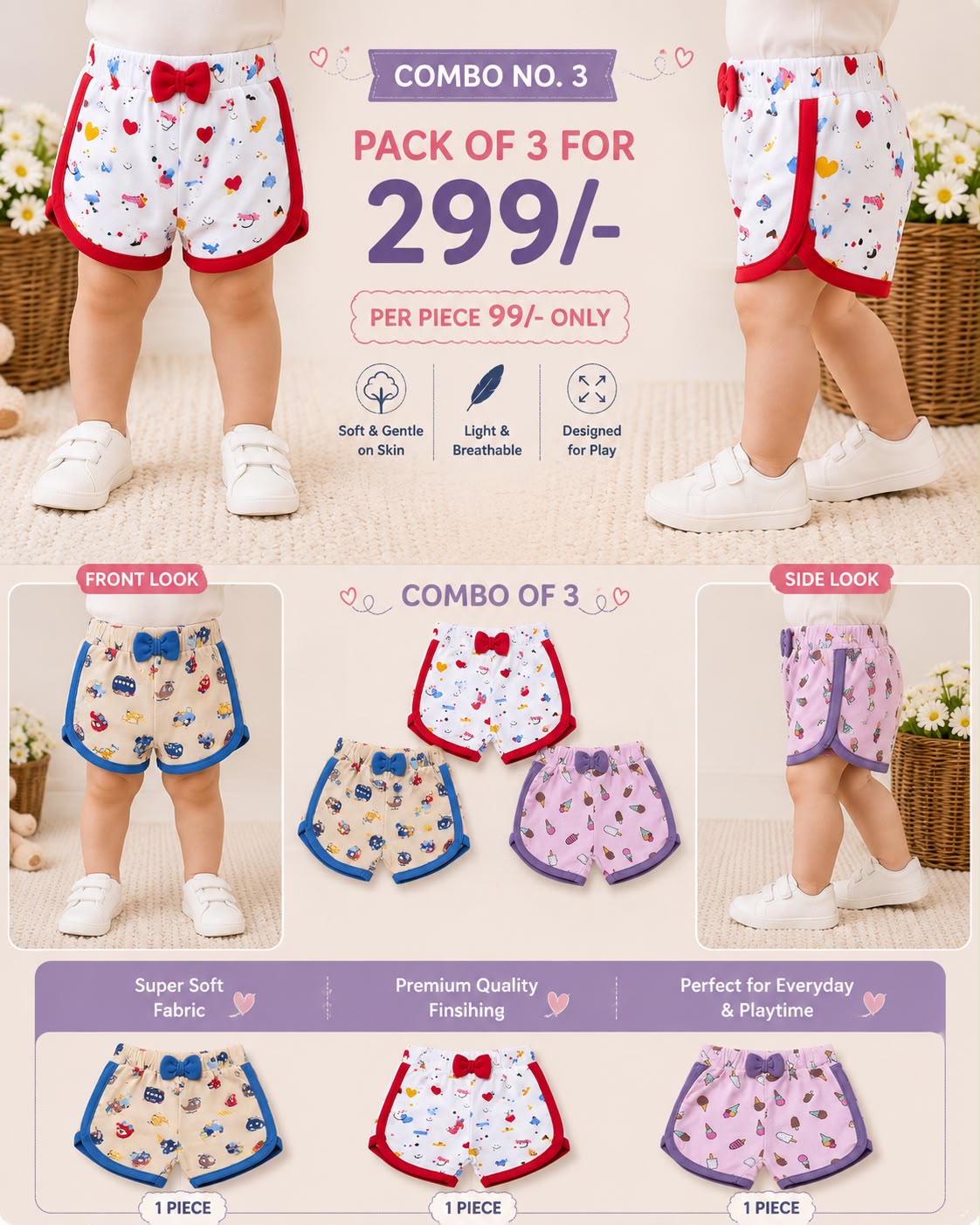 Casual Bow girls Shorts for Babies for 6m to 2yrs | Combo of 3