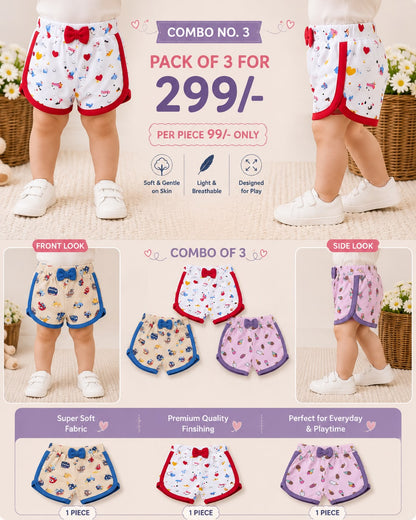 Casual Bow girls Shorts for Babies for 6m to 2yrs | Combo of 3