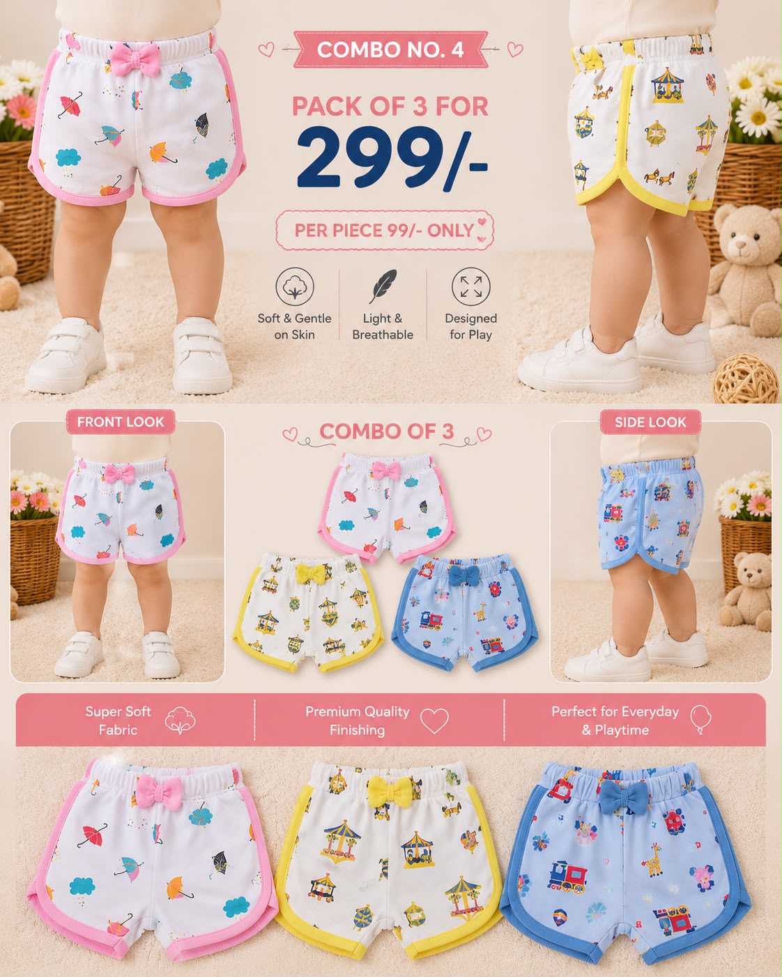 Casual Bow girls Shorts for Babies for 6m to 2yrs | Combo of 3