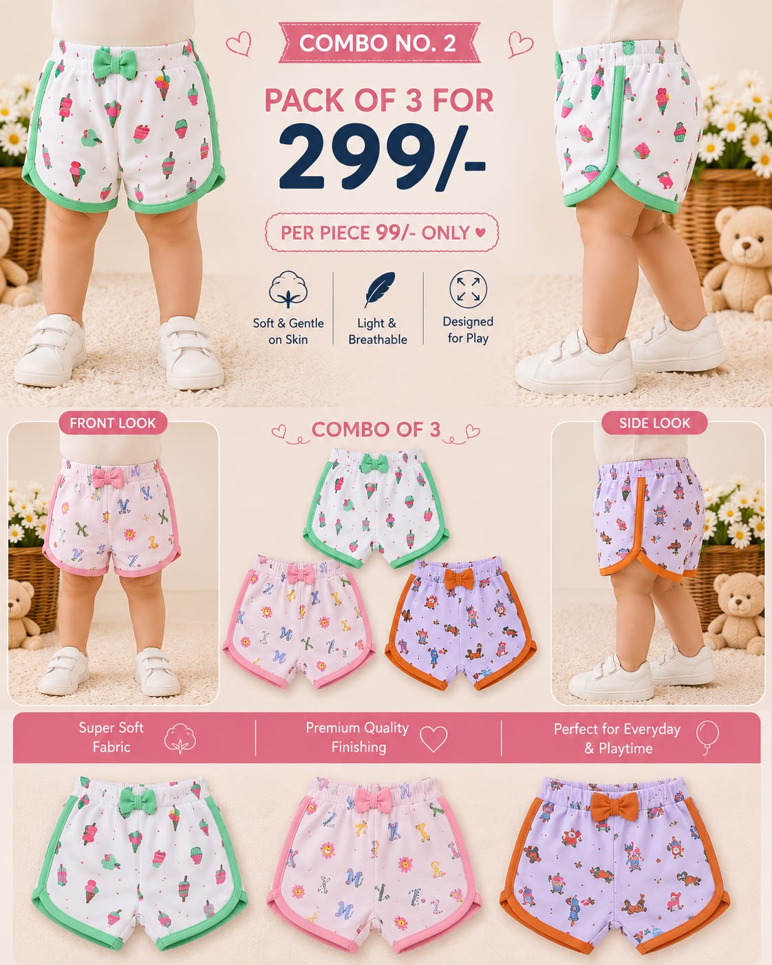Casual Bow girls Shorts for Babies for 6m to 2yrs | Combo of 3
