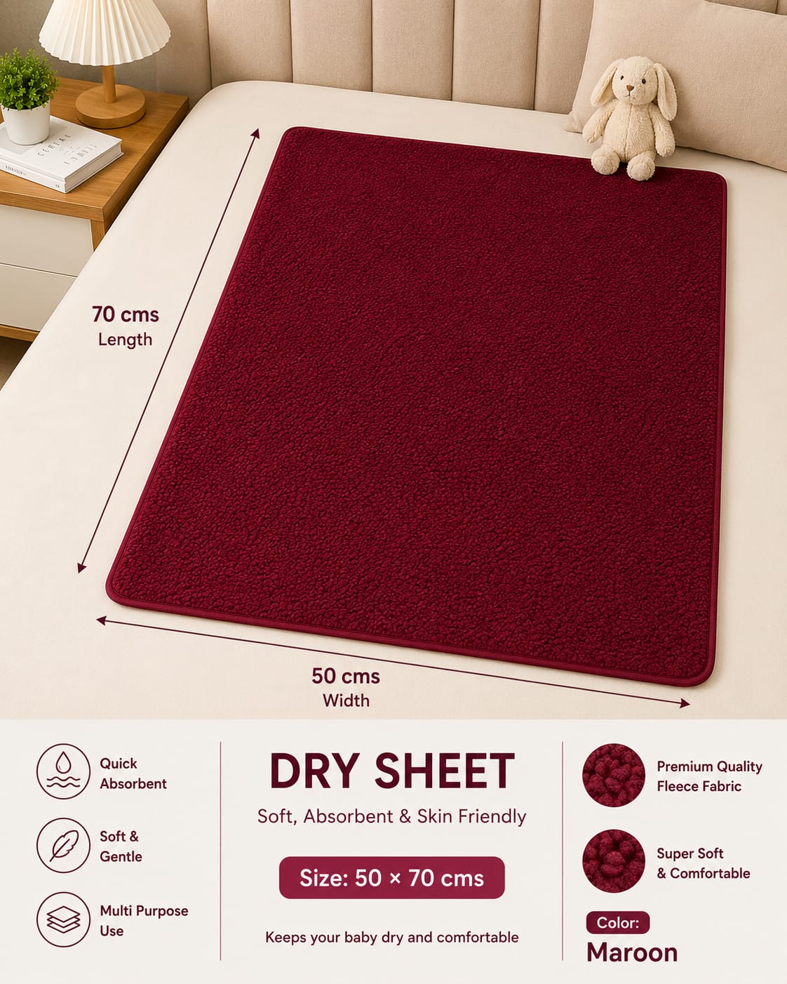 Waterproof Baby Dry Sheet 50*70cms (20*28 inches) Extra Absorbent, Quick Dry Sheet, Bed Protection