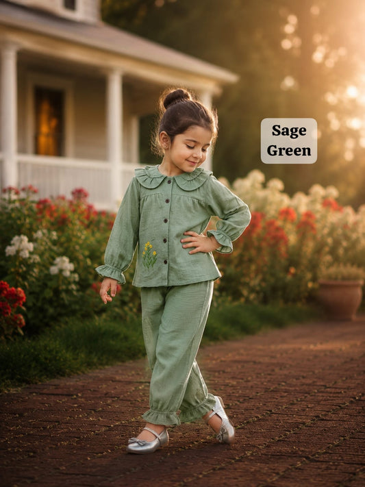 Muslin Ruffle Collar & Frill Pant Co-ord Sets for 9m to 3yrs| Extra Stylish Edition