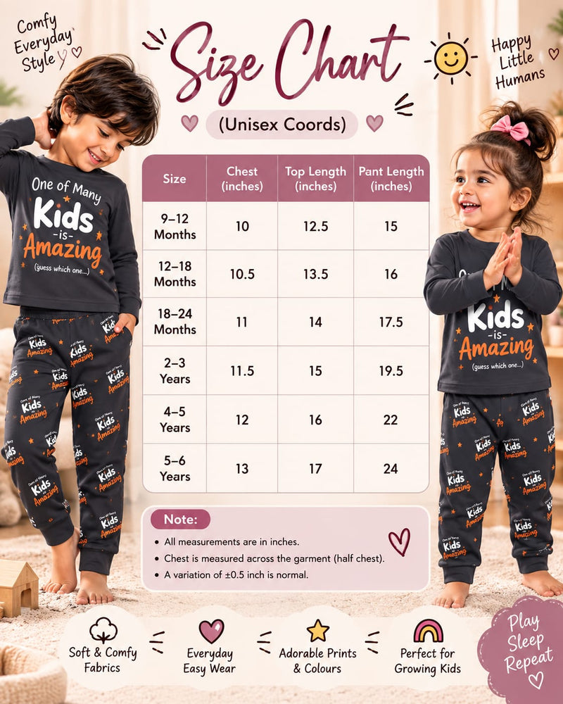 Size chart — Casual Unisex full sleeve Coords for 6m to 5yrs , Buy 4 For 999/-