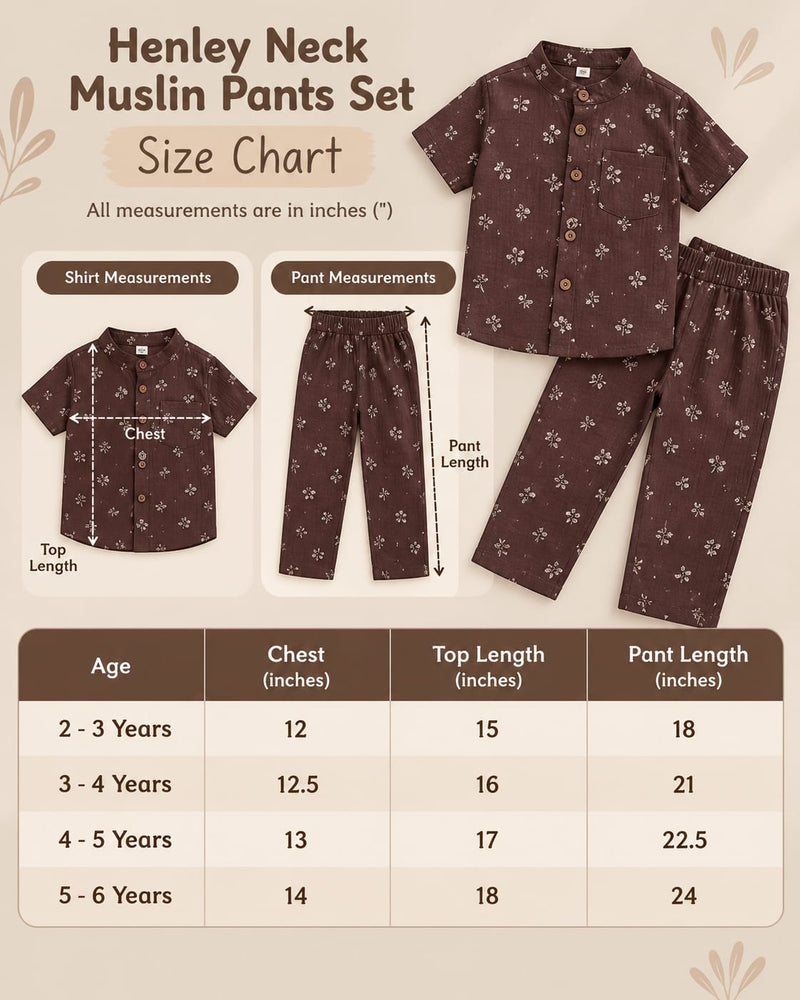 Size chart — Henley Neck Muslin Pant Sets for 2yrs to 5yrs, buy 3 for 1200