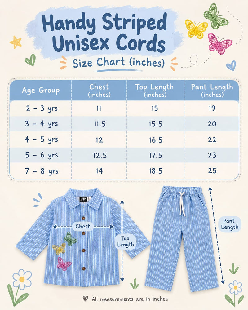 Size chart — Candy striped Embroidery Unisex Coords for Daily wear for 2yrs -7yrs