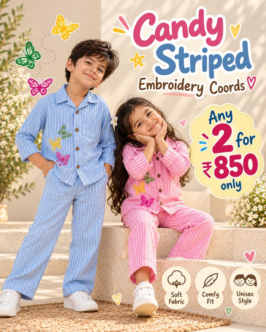 Candy striped Embroidery Unisex Coords for Daily wear for 2yrs -7yrs