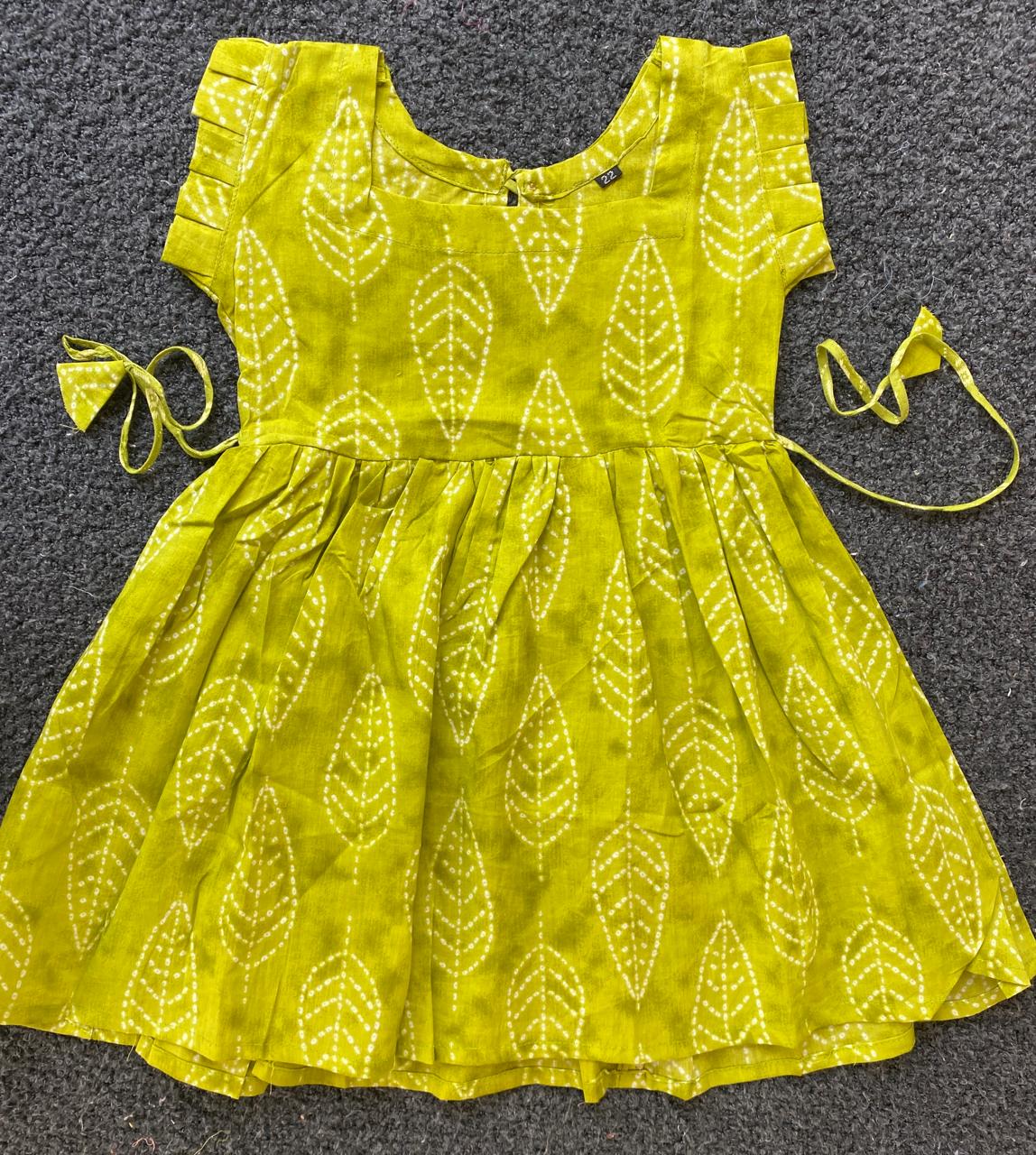 Cotton Frill Sleeve Frocks with Adjustable thread|1 to 9yrs| Green Leaf Frock