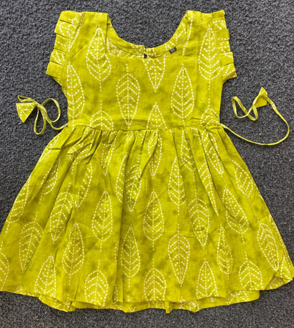 Cotton Frill Sleeve Frocks with Adjustable thread|1 to 9yrs| Green Leaf Frock