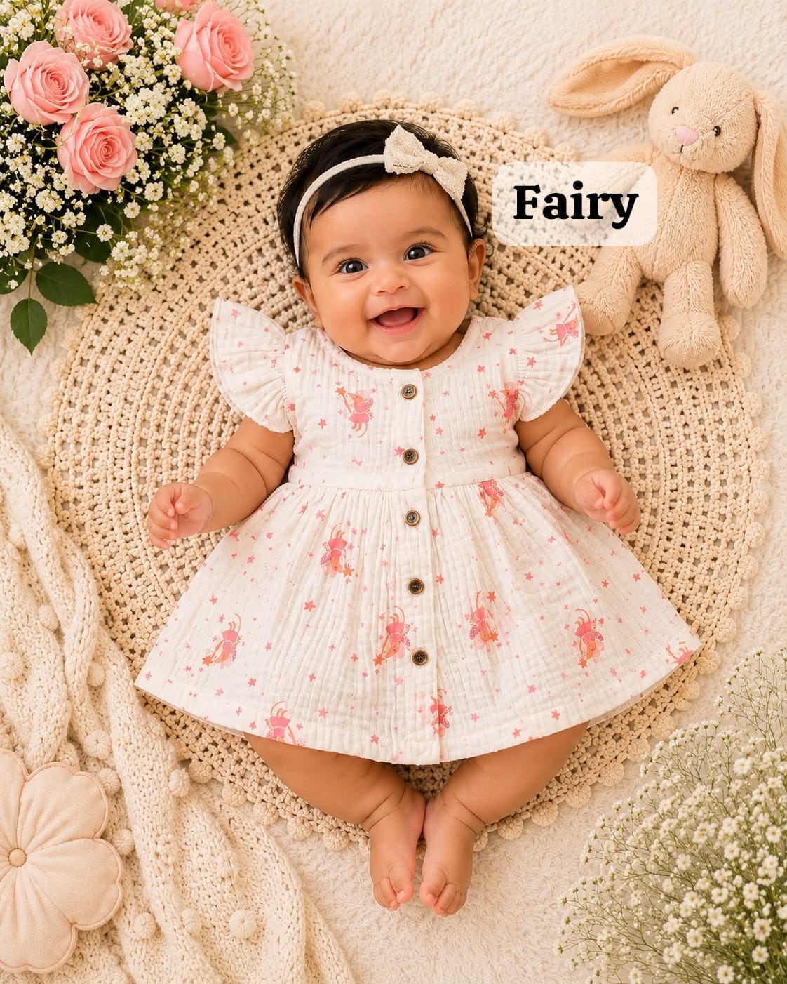 Baby Muslin full open button frocks (0-24 m), Soft & Comfortable