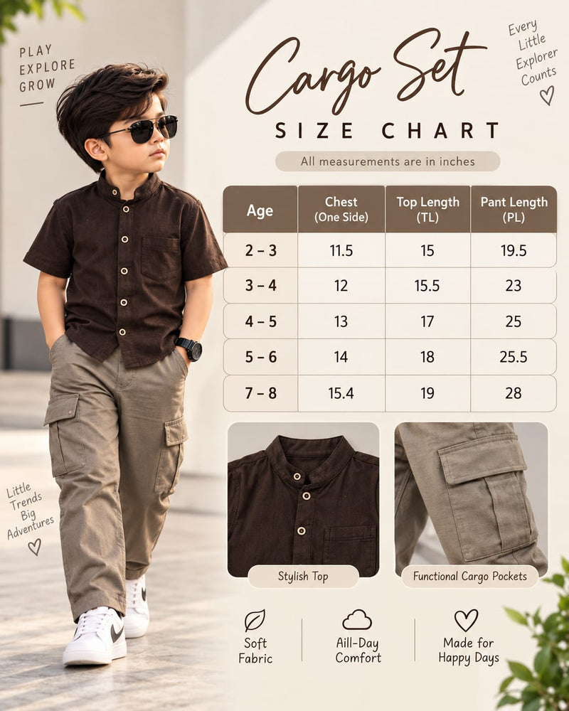 Size chart — Stylish Cargo Pant Sets for Boys, Chinese collar shirt, Classic Edition, 3 yrs to 7yrs