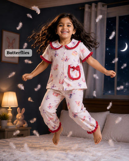 Peter Pan Ruffle Neck Night Suits for 3yrs to 11yrs |Dreams meet Fashion