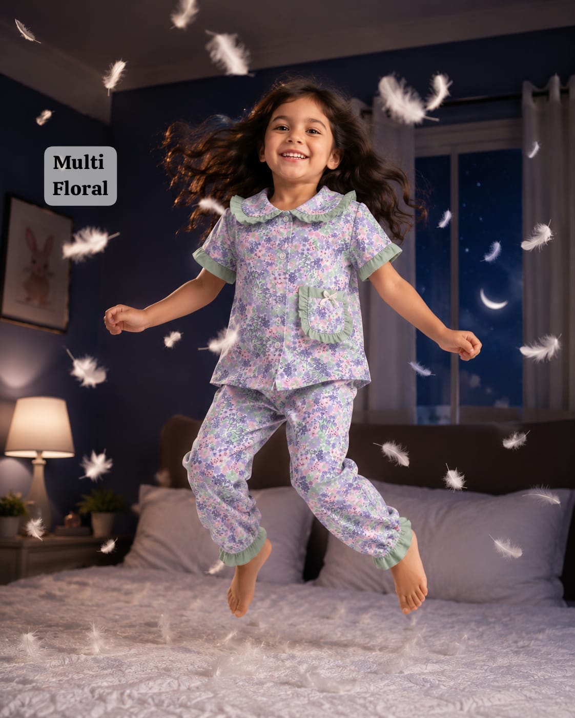 Peter Pan Ruffle Neck Night Suits for 3yrs to 11yrs |Dreams meet Fashion