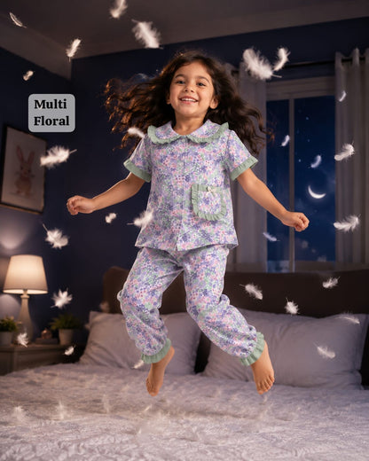 Peter Pan Ruffle Neck Night Suits for 3yrs to 11yrs |Dreams meet Fashion