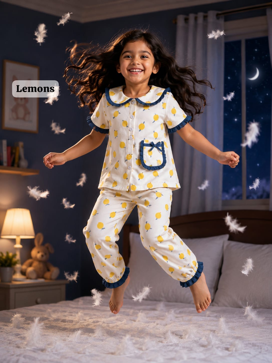 Peter Pan Ruffle Neck Night Suits for 3yrs to 11yrs |Dreams meet Fashion